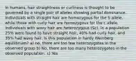 In humans, hair straightness or curliness is thought to be governed by a single pair of alleles showing partial dominance. Individuals with straight hair are homozygous for the S allele, while those with curly hair are homozygous for the c allele. Individuals with wavy hair are heterozygous (Sc). In a population 25% were found to have straight hair, 40% had curly hair, and 35% had wavy hair. Is this population in hardy Weinberg equilibrium? a) no, there are too few heterozygotes in the observed group b) No, there are too many heterozygotes in the observed population. c) Yes