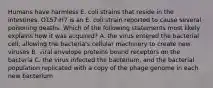 Humans have harmless E. coli strains that reside in the intestines. O157:H7 is an E. coli strain reported to cause several poisoning deaths. Which of the following statements most likely explains how it was acquired? A. the virus entered the bacterial cell, allowing the bacteria's cellular machinery to create new viruses B. viral envelope proteins bound receptors on the bacteria C. the virus infected the bacterium, and the bacterial population replicated with a copy of the phage genome in each new bacterium