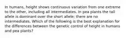 In humans, height shows continuous variation from one extreme to the other, including all intermediates. In pea plants the tall allele is dominant over the short allele; there are no intermediates. Which of the following is the best explanation for the differences between the genetic control of height in humans and pea plants?