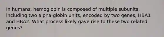 In humans, hemoglobin is composed of multiple subunits, including two alpna-globin units, encoded by two genes, HBA1 and HBA2. What process likely gave rise to these two related genes?