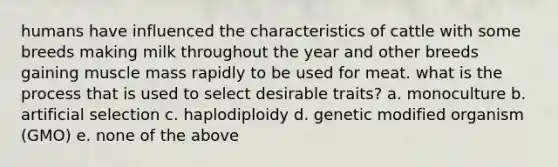 humans have influenced the characteristics of cattle with some breeds making milk throughout the year and other breeds gaining muscle mass rapidly to be used for meat. what is the process that is used to select desirable traits? a. monoculture b. artificial selection c. haplodiploidy d. genetic modified organism (GMO) e. none of the above