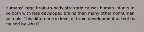 Humans' large brain-to-body size ratio causes human infants to be born with less developed brains than many other nonhuman animals. This difference in level of brain development at birth is caused by what?