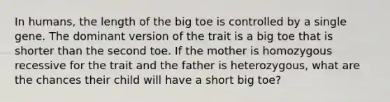 In humans, the length of the big toe is controlled by a single gene. The dominant version of the trait is a big toe that is shorter than the second toe. If the mother is homozygous recessive for the trait and the father is heterozygous, what are the chances their child will have a short big toe?