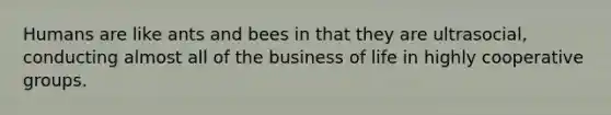 Humans are like ants and bees in that they are ultrasocial, conducting almost all of the business of life in highly cooperative groups.