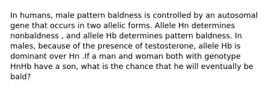 In humans, male pattern baldness is controlled by an autosomal gene that occurs in two allelic forms. Allele Hn determines nonbaldness , and allele Hb determines pattern baldness. In males, because of the presence of testosterone, allele Hb is dominant over Hn .If a man and woman both with genotype HnHb have a son, what is the chance that he will eventually be bald?