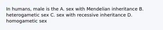 In humans, male is the A. sex with Mendelian inheritance B. heterogametic sex C. sex with recessive inheritance D. homogametic sex