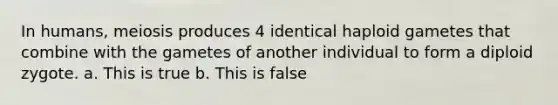 In humans, meiosis produces 4 identical haploid gametes that combine with the gametes of another individual to form a diploid zygote. a. This is true b. This is false