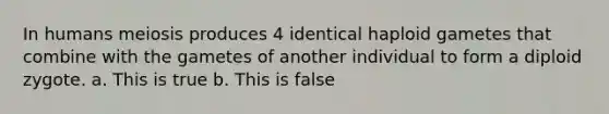 In humans meiosis produces 4 identical haploid gametes that combine with the gametes of another individual to form a diploid zygote. a. This is true b. This is false