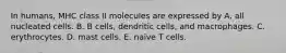 In humans, MHC class II molecules are expressed by A. all nucleated cells. B. B cells, dendritic cells, and macrophages. C. erythrocytes. D. mast cells. E. naive T cells.