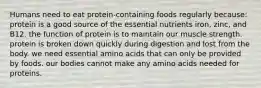 Humans need to eat protein-containing foods regularly because:​ ​protein is a good source of the essential nutrients iron, zinc, and B12. ​the function of protein is to maintain our muscle strength. ​protein is broken down quickly during digestion and lost from the body. ​we need essential amino acids that can only be provided by foods. ​our bodies cannot make any amino acids needed for proteins.