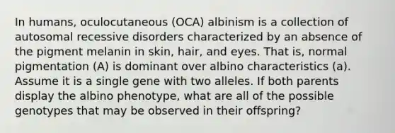 In humans, oculocutaneous (OCA) albinism is a collection of autosomal recessive disorders characterized by an absence of the pigment melanin in skin, hair, and eyes. That is, normal pigmentation (A) is dominant over albino characteristics (a). Assume it is a single gene with two alleles. If both parents display the albino phenotype, what are all of the possible genotypes that may be observed in their offspring?