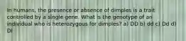 In humans, the presence or absence of dimples is a trait controlled by a single gene. What is the genotype of an individual who is heterozygous for dimples? a) DD b) dd c) Dd d) DI