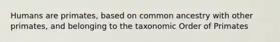 Humans are primates, based on common ancestry with other primates, and belonging to the taxonomic Order of Primates