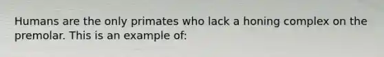 Humans are the only primates who lack a honing complex on the premolar. This is an example of: