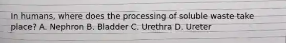 In humans, where does the processing of soluble waste take place? A. Nephron B. Bladder C. Urethra D. Ureter