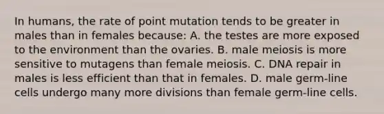 In humans, the rate of point mutation tends to be greater in males than in females because: A. the testes are more exposed to the environment than the ovaries. B. male meiosis is more sensitive to mutagens than female meiosis. C. DNA repair in males is less efficient than that in females. D. male germ-line cells undergo many more divisions than female germ-line cells.