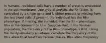 In humans, red blood cells have a number of proteins embedded in the cell membrane. One type of protein, the Rh factor, is controlled by a single gene and is either present or missing from the red blood cells. If present, the individual has the Rh+ phenotype. If missing, the individual has the Rh− phenotype. Rh+ is the dominant to Rh−. Suppose that, in the Yoruban population, the frequency of the Rh− phenotype is 0.01. Using the Hardy-Weinberg equations, calculate the frequency of the Rh+ allele to at least two decimal places. Rh+ allele frequency: