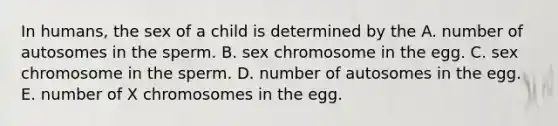 In humans, the sex of a child is determined by the A. number of autosomes in the sperm. B. sex chromosome in the egg. C. sex chromosome in the sperm. D. number of autosomes in the egg. E. number of X chromosomes in the egg.