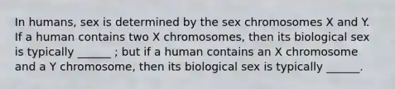 In humans, sex is determined by the sex chromosomes X and Y. If a human contains two X chromosomes, then its biological sex is typically ______ ; but if a human contains an X chromosome and a Y chromosome, then its biological sex is typically ______.