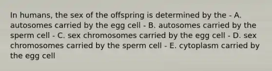 In humans, the sex of the offspring is determined by the - A. autosomes carried by the egg cell - B. autosomes carried by the sperm cell - C. sex chromosomes carried by the egg cell - D. sex chromosomes carried by the sperm cell - E. cytoplasm carried by the egg cell