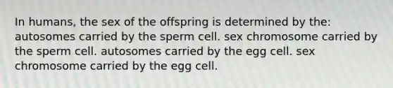 In humans, the sex of the offspring is determined by the: autosomes carried by the sperm cell. sex chromosome carried by the sperm cell. autosomes carried by the egg cell. sex chromosome carried by the egg cell.