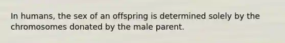 In humans, the sex of an offspring is determined solely by the chromosomes donated by the male parent.