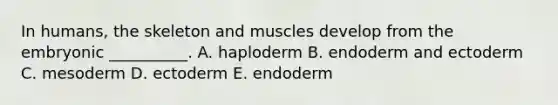 In humans, the skeleton and muscles develop from the embryonic __________. A. haploderm B. endoderm and ectoderm C. mesoderm D. ectoderm E. endoderm