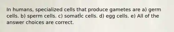 In humans, specialized cells that produce gametes are a) germ cells. b) sperm cells. c) somatic cells. d) egg cells. e) All of the answer choices are correct.