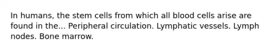 In humans, the stem cells from which all blood cells arise are found in the... Peripheral circulation. Lymphatic vessels. Lymph nodes. Bone marrow.