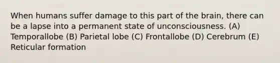 When humans suffer damage to this part of the brain, there can be a lapse into a permanent state of unconsciousness. (A) Temporallobe (B) Parietal lobe (C) Frontallobe (D) Cerebrum (E) Reticular formation