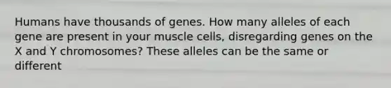 Humans have thousands of genes. How many alleles of each gene are present in your muscle cells, disregarding genes on the X and Y chromosomes? These alleles can be the same or different