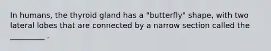 In humans, the thyroid gland has a "butterfly" shape, with two lateral lobes that are connected by a narrow section called the _________ .