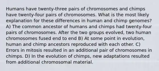 Humans have twenty-three pairs of chromosomes and chimps have twenty-four pairs of chromosomes. What is the most likely explanation for these differences in human and chimp genomes? A) The common ancestor of humans and chimps had twenty-four pairs of chromosomes. After the two groups evolved, two human chromosomes fused end to end B) At some point in evolution, human and chimp ancestors reproduced with each other. C) Errors in mitosis resulted in an additional pair of chromosomes in chimps. D) In the evolution of chimps, new adaptations resulted from additional chromosomal material.