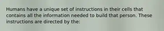 Humans have a unique set of instructions in their cells that contains all the information needed to build that person. These instructions are directed by the: