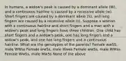 In humans, a widow's peak is caused by a dominant allele (W), and a continuous hairline is caused by a recessive allele (w). Short fingers are caused by a dominant allele (S), and long fingers are caused by a recessive allele (s). Suppose a woman with a continuous hairline and short fingers and a man with a widow's peak and long fingers have three children. One child has short fingers and a widow's peak, one has long fingers and a widow's peak, and one has long fingers and a continuous hairline. What are the genotypes of the parents? Female wwSS, male WWss Female wwSs, male Wwss Female wwSs, male WWss Female WwSs, male WwSs None of the above