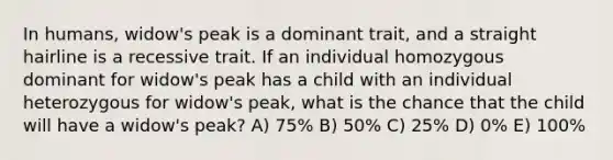 In humans, widow's peak is a dominant trait, and a straight hairline is a recessive trait. If an individual homozygous dominant for widow's peak has a child with an individual heterozygous for widow's peak, what is the chance that the child will have a widow's peak? A) 75% B) 50% C) 25% D) 0% E) 100%