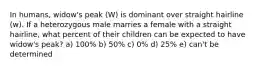 In humans, widow's peak (W) is dominant over straight hairline (w). If a heterozygous male marries a female with a straight hairline, what percent of their children can be expected to have widow's peak? a) 100% b) 50% c) 0% d) 25% e) can't be determined