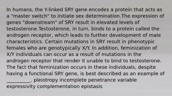 In humans, the Y-linked SRY gene encodes a protein that acts as a "master switch" to initiate sex determination.The expression of genes "downstream" of SRY result in elevated levels of testosterone.Testosterone, in turn, binds to a protein called the androgen receptor, which leads to further development of male characteristics. Certain mutations in SRY result in phenotypic females who are genotypically X/Y. In addition, feminization of X/Y individuals can occur as a result of mutations in the androgen receptor that render it unable to bind to testosterone. The fact that feminization occurs in these individuals, despite having a functional SRY gene, is best described as an example of __________. pleiotropy incomplete penetrance variable expressivity complementation epistasis