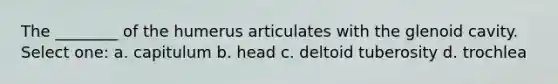 The ________ of the humerus articulates with the glenoid cavity. Select one: a. capitulum b. head c. deltoid tuberosity d. trochlea