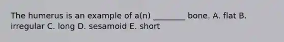 The humerus is an example of a(n) ________ bone. A. flat B. irregular C. long D. sesamoid E. short