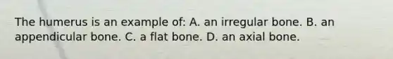 The humerus is an example​ of: A. an irregular bone. B. an appendicular bone. C. a flat bone. D. an axial bone.