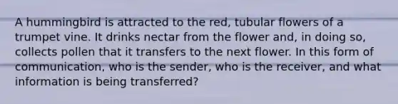 A hummingbird is attracted to the red, tubular flowers of a trumpet vine. It drinks nectar from the flower and, in doing so, collects pollen that it transfers to the next flower. In this form of communication, who is the sender, who is the receiver, and what information is being transferred?