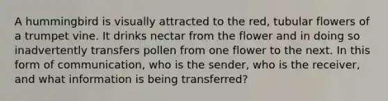 A hummingbird is visually attracted to the red, tubular flowers of a trumpet vine. It drinks nectar from the flower and in doing so inadvertently transfers pollen from one flower to the next. In this form of communication, who is the sender, who is the receiver, and what information is being transferred?