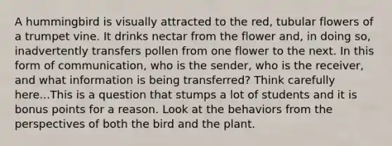 A hummingbird is visually attracted to the red, tubular flowers of a trumpet vine. It drinks nectar from the flower and, in doing so, inadvertently transfers pollen from one flower to the next. In this form of communication, who is the sender, who is the receiver, and what information is being transferred? Think carefully here...This is a question that stumps a lot of students and it is bonus points for a reason. Look at the behaviors from the perspectives of both the bird and the plant.