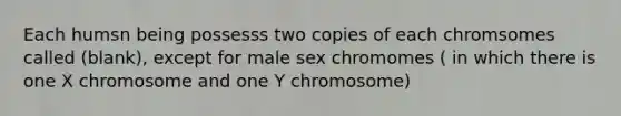 Each humsn being possesss two copies of each chromsomes called (blank), except for male sex chromomes ( in which there is one X chromosome and one Y chromosome)