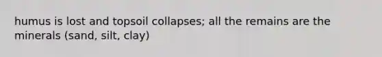 humus is lost and topsoil collapses; all the remains are the minerals (sand, silt, clay)