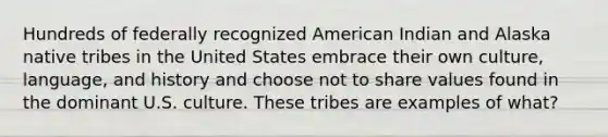 Hundreds of federally recognized American Indian and Alaska native tribes in the United States embrace their own culture, language, and history and choose not to share values found in the dominant U.S. culture. These tribes are examples of what?