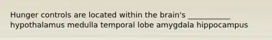 Hunger controls are located within <a href='https://www.questionai.com/knowledge/kLMtJeqKp6-the-brain' class='anchor-knowledge'>the brain</a>'s ___________ hypothalamus medulla temporal lobe amygdala hippocampus