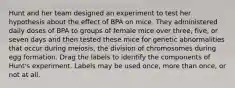 Hunt and her team designed an experiment to test her hypothesis about the effect of BPA on mice. They administered daily doses of BPA to groups of female mice over three, five, or seven days and then tested these mice for genetic abnormalities that occur during meiosis, the division of chromosomes during egg formation. Drag the labels to identify the components of Hunt's experiment. Labels may be used once, more than once, or not at all.