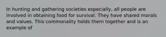 In hunting and gathering societies especially, all people are involved in obtaining food for survival. They have shared morals and values. This commonality holds them together and is an example of